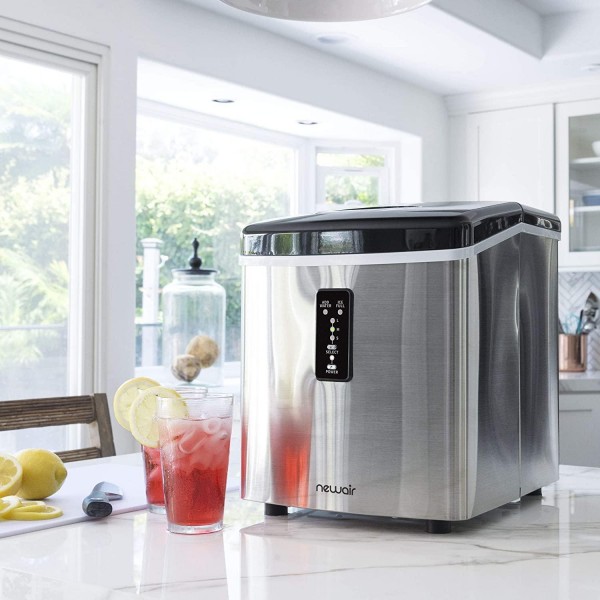 NewAir AI-100SS Portable Ice Maker 28 lb. Daily - Countertop Compact Design, 3 Size Bullet Shaped Ice, Stainless with Black Lid