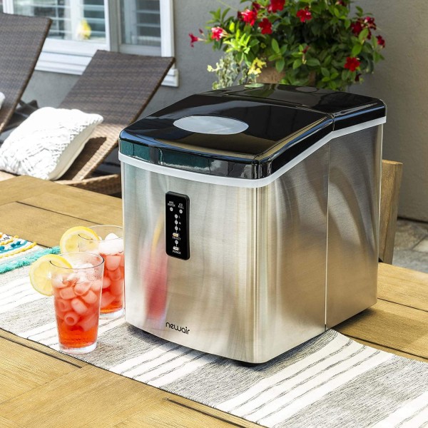 NewAir AI-100SS Portable Ice Maker 28 lb. Daily - Countertop Compact Design, 3 Size Bullet Shaped Ice, Stainless with Black Lid