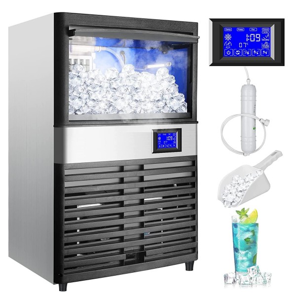 Commercial Ice Maker Machine 123lbs/24H Freestanding Ice Maker with 45lbs Ice Storage Bin, Scoop, 45 Ice Cubes Ready in 10-15 Mins, LED Panel Under Counter Ice Machine for Restaurant Coffee Bar