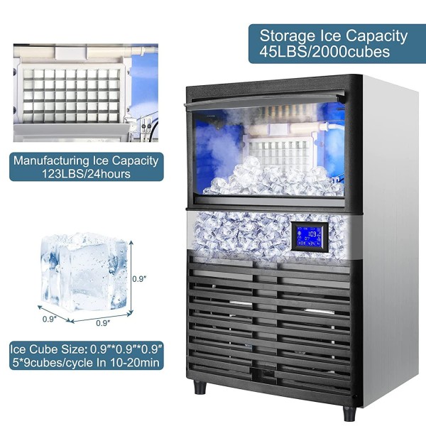 Commercial Ice Maker Machine 123lbs/24H Freestanding Ice Maker with 45lbs Ice Storage Bin, Scoop, 45 Ice Cubes Ready in 10-15 Mins, LED Panel Under Counter Ice Machine for Restaurant Coffee Bar