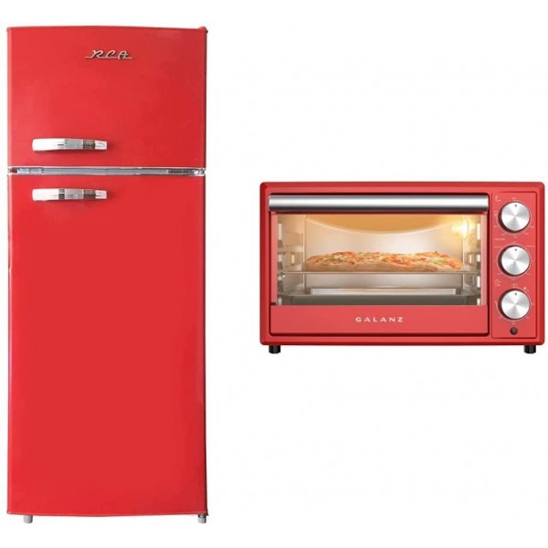 RCA RFR786-RED 2 Door Apartment Size Refrigerator with Freezer, 7.5 cu. ft, Retro Red & Galanz GRH1209RDRM151 Large 6-Slice True Convection Toaster Oven, 8-in-1 Combo, Retro Red, 0.9 Cu.Ft
