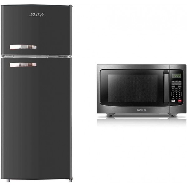 RCA RFR786-BLACK 2 Door Apartment Size Refrigerator with Freezer, 7.5 cu. ft, Retro Black & Toshiba EM131A5C-BS Microwave Oven with Smart Sensor, Easy Clean Interior, 1.2 Cu Ft, Black Stainless Steel