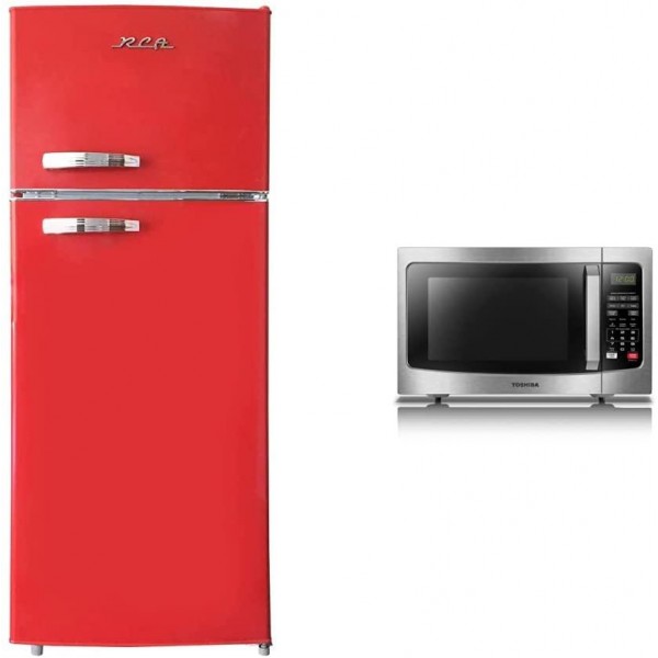 RCA RFR786-RED 2 Door Apartment Size Refrigerator with Freezer, 7.5 cu. ft, Retro Red & Toshiba EM131A5C-SS Microwave Oven with Smart Sensor, 1.2 Cu. ft, Stainless Steel