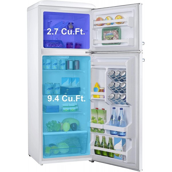 Galanz GLR12TWEEFR Refrigerator, Dual Door Fridge, Adjustable Electrical Thermostat Control with Top Mount Freezer Compartment, Retro White, 12.0 Cu Ft