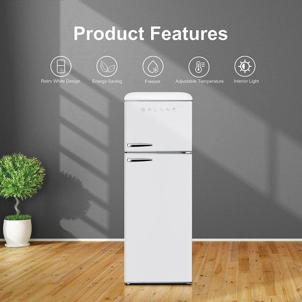 Galanz GLR12TWEEFR Refrigerator, Dual Door Fridge, Adjustable Electrical Thermostat Control with Top Mount Freezer Compartment, Retro White, 12.0 Cu Ft