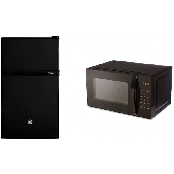 GE GDE03GGKBB Mini Fridge with Freezer Freestanding Compact Refrigerator, 3.1 Cu Ft, Black &  Basics Microwave, Small, 0.7 Cu. Ft, 700W, Compatible with Alexa