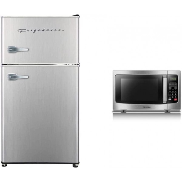 Frigidaire EFR341, 3.2 cu ft 2 Door Fridge and Freezer, Double & Toshiba EM131A5C-SS Microwave Oven with Smart Sensor, Easy Clean Interior, ECO Mode and Sound On/Off, 1.2 Cu. ft, Stainless Steel