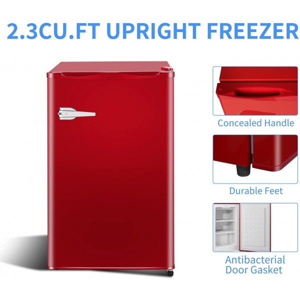 Antarctic Star Mini Upright Freezer -2.3 cu.ft Compact freezer with Removable Shelves and Adjustable Thermostat,Better for Home/Kitchen/Office(Red)