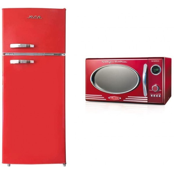 RCA RFR786-RED 2 Door Apartment Size Refrigerator with Freezer, 7.5 cu. ft, Retro Red & Nostalgia RMO4RR Retro Large 0.9 cu ft, 800-Watt Countertop Microwave Oven, Metallic Red