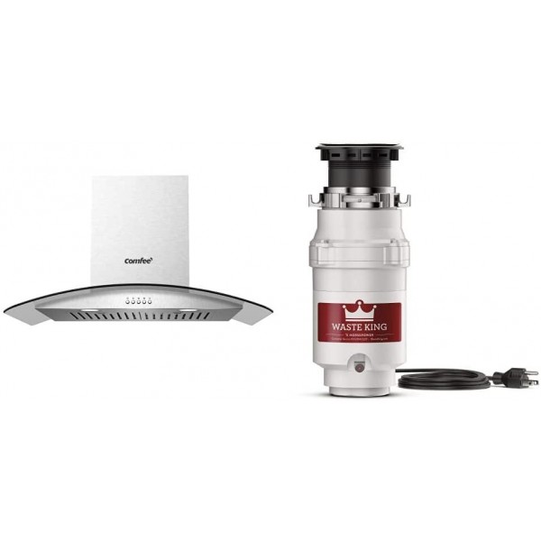 Comfee CVG30W8AST 30 Inches Ducted Wall Mount Vent Range Hood & Waste King L-1001 Garbage Disposal with Power Cord, 1/2 HP