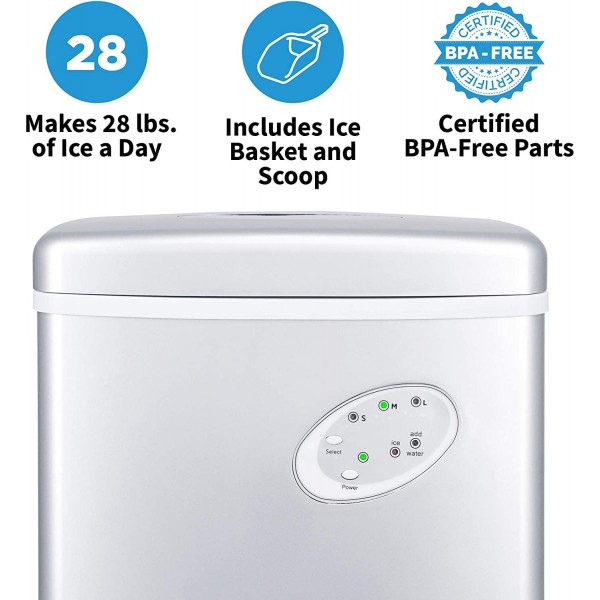 NewAir Portable Ice Maker 28 lb Daily Icemaker, 3 Ice Bullet Sizes, Perfect Machine for Countertops, NIM028SI00 Silver