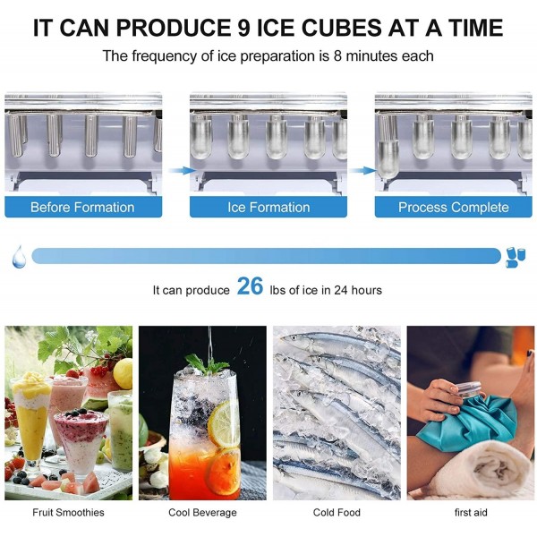 YJJT Ice Makers Machine Fashionable Compact - Countertop Portable Ice Machines, 9 Bullet Cubes Ready in 8 Mins, Simple Operation, Quiet Refrigeration, Blue, for Home, Office, Kitchen, Bar