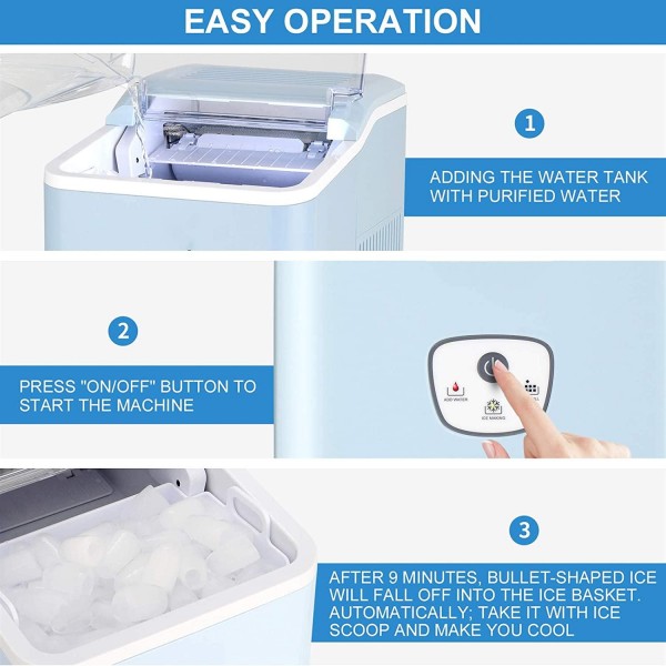 YJJT Portable Ice Maker Machine Countertop Blue - Professional Ice Machines for Smoothies, Cold Drinks, Iced Food - 9 Ice Cubes Ready in 8 Mins, Bullet-Shaped Ice, 26 Lbs in Ice 24 Hrs & 2 Size (S/L)