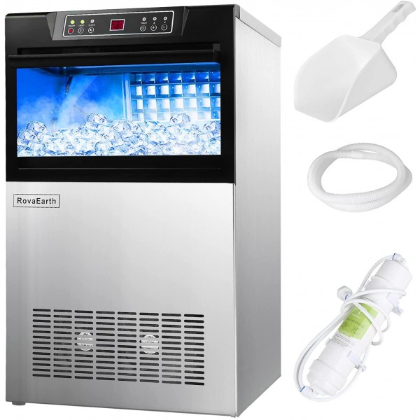 RovaEarth Commercial Ice Maker Machine 142LBS/24H with 42LBS Storage Bin, ETL Approved,48 Ice Cubes Ready in 8-15 Mins, Stainless Steel Freestanding Ice Machine for Home/Office/Bar/Coffee Shop