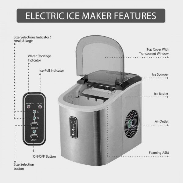 VIVOHOME Stainless Steel Electric Portable Compact Countertop Automatic Ice Cube Maker Machine, Automatic Ice Cube Maker Machine with Visible Window and Ice Scoop