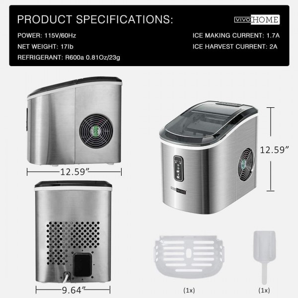 VIVOHOME Stainless Steel Electric Portable Compact Countertop Automatic Ice Cube Maker Machine, Automatic Ice Cube Maker Machine with Visible Window and Ice Scoop