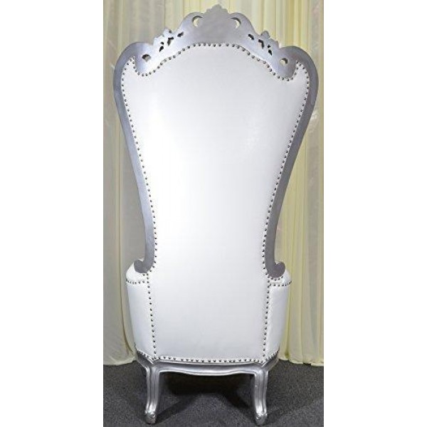 American Home Design Silver Baroque Hand Carved Throne Chair with White Vinyl & Crystal Buttoning