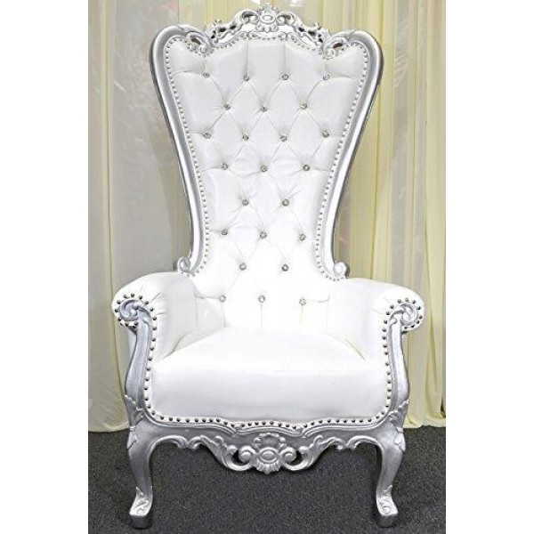 American Home Design Silver Baroque Hand Carved Throne Chair with White Vinyl & Crystal Buttoning