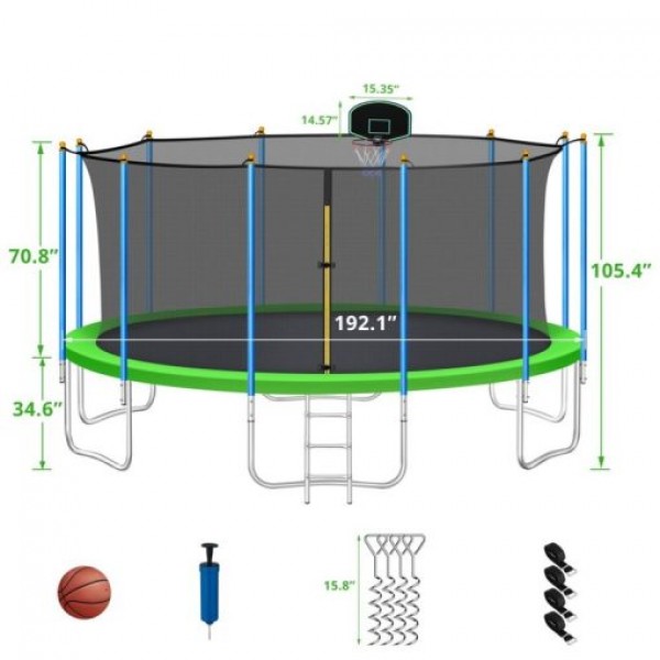 YORIN 16FT Trampoline with Enclosure for Adults/Kids, 1000LBS Outdoor Recreational Heavy Duty Trampoline with Sprinkler, LED Lights, Wind Stake, Socks, Rubber Ball, Basketball Hoop for Backyard