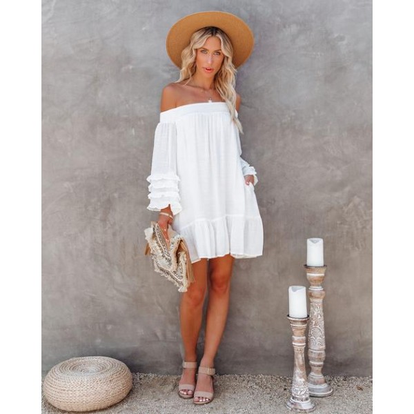 Waves Will Fade Pocketed Off The Shoulder Dress - Marshmallow