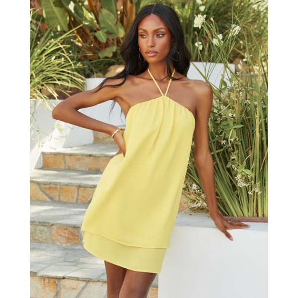Redondo Tiered Halter Mini Dress - Sunny Yellow