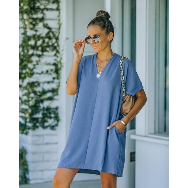 Just Imagine Pocketed Shift Dress - Dusty Blue