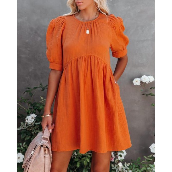 Amber Cotton Pocketed Puff Sleeve Dress - Orange