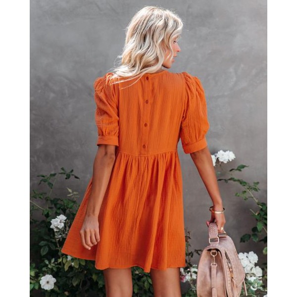 Amber Cotton Pocketed Puff Sleeve Dress - Orange