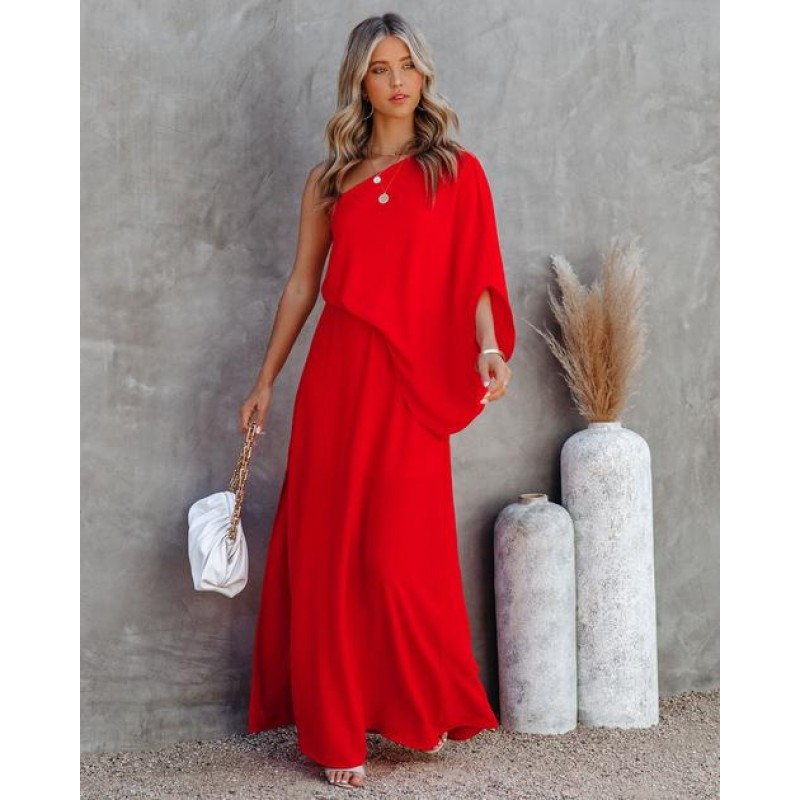 From The Source One Shoulder Maxi Dress - Tomato Red