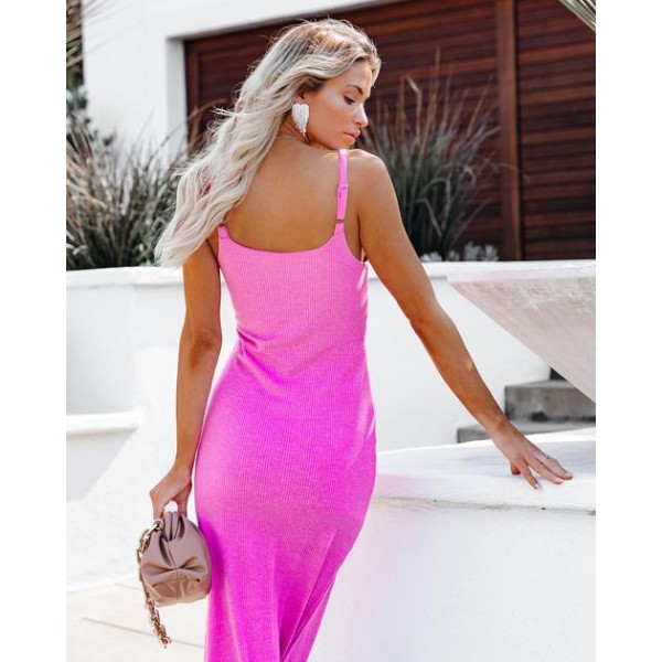 Luna Ribbed Knit Midi Dress - Pink