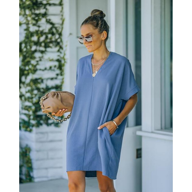 Just Imagine Pocketed Shift Dress - Dusty Blue