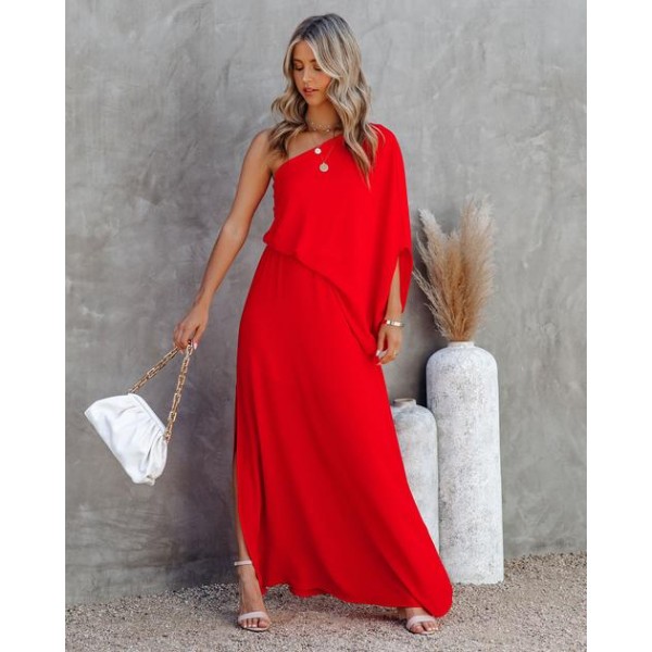 From The Source One Shoulder Maxi Dress - Tomato Red